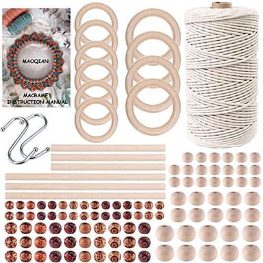 120pcs Macrame Kits for Beginners 3mm x 109yards Natural Cotton Macrame Cord with Wooden Beads & Rings,Wooden Sticks,Metal Rings Macrame Supplies Best for Macrame Plant Hanger