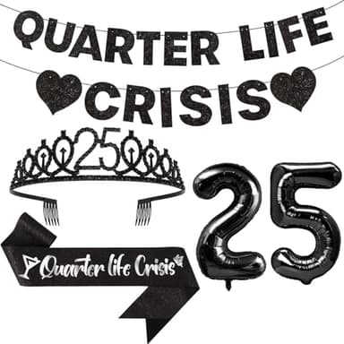 Tihebax 25th Birthday Decorations for Women, Quarter Life Crisis Birthday Nanners Decorations, 25 Balloon Numbers, 25th Crown Tiara and Sash for Women Party Supplies