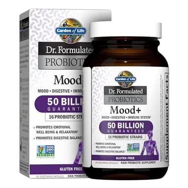 Garden of Life Dr. Formulated Probiotics Mood+ - 50 Billion CFU - Supports Relaxation & Digestive Health - 60 Vegetarian Capsules