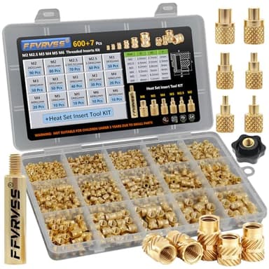 FFVRVSS 600+7Pcs M2 M2.5 M3 M4 M5 M6 Premium Brass Threaded Inserts, Metric Brass Knurled Nuts Assortment Kit, with Heat Set Insert Tool, for Plastic and 3D Printing Components, All-in-one Solutions