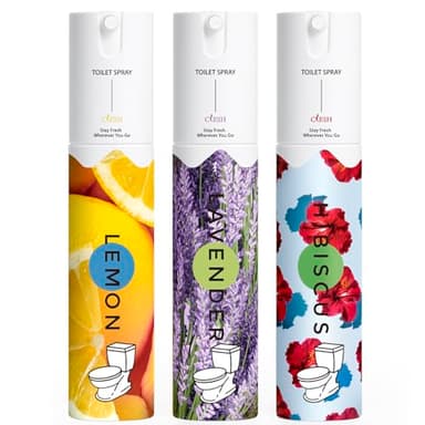 Travel Size Toilet Spray, Bathroom Odor Eliminator, 3 Pack, 1 fl oz Each, Up to 150 Uses, For Home and Travel, Essential Oils Freshener Spray, Lemon, Hibiscus, Lavender