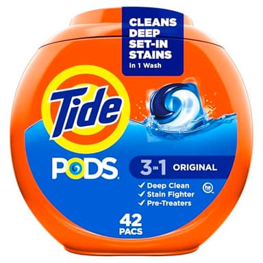 Tide PODS laundry detergent pacs, 3-in-1 Stain Remover, Odor Fighter, Color Protector, 42 Count, HE compatible, Original Scent