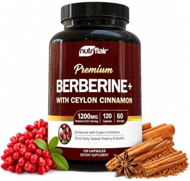 NutriFlair Berberine HCl 1200mg, 120 Capsules - Plus Ceylon Cinnamon, Berberine HCI Root Supplements Pills - Made in USA