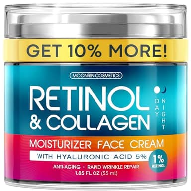 Retinol Cream for Face with Hyaluronic Acid, Day-Night Anti-Aging Moisturizer for Women, Men, Collagen Cream for Face Reduces Wrinkles, Dryness, 1.85 Oz