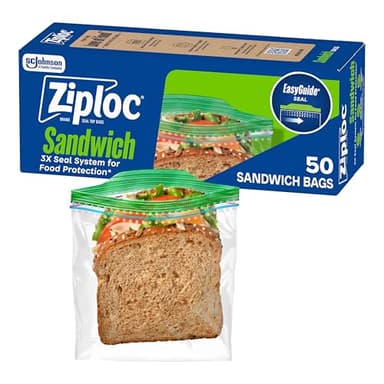 Ziploc Sandwich and Snack Bags with EasyGuide Texture, Plastic Storage Bags with Grip 'n Seal Technology, 50 Bags Total