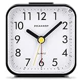 Peakeep Small Battery Operated Analog Travel Alarm Clock Silent No Ticking, Lighted on Demand and Snooze, Beep Sounds, Gentle Wake, Ascending Alarm, Easy Set (Black)