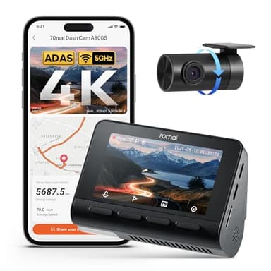 70mai 4K Dash Cam Front and Rear with STARVIS, Dashcam with 5GHz WiFi, GPS Car Camera, Super Night Vision, ADAS, 3'' IPS Screen, 24H Parking Mode, Time-Lapse, Loop Recording, Support 256GB Max (A800S)