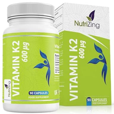 NutriZing K2 Vitamin Supplement MK-7 - High Strength 600mcg - Supports Bone & Arterial Health - 90 Vegan Capsules - Vitamin K2 for Men & Women - 3 Month Supply