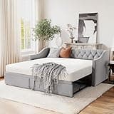 Twin Size Upholstered Daybed with Pop up Trundle,Velvet Day Bed Frame with Extendable Trundle,Twin to King Daybed,Tufted Sofa Bed for Bedroom,Living Room,Guest,Gray