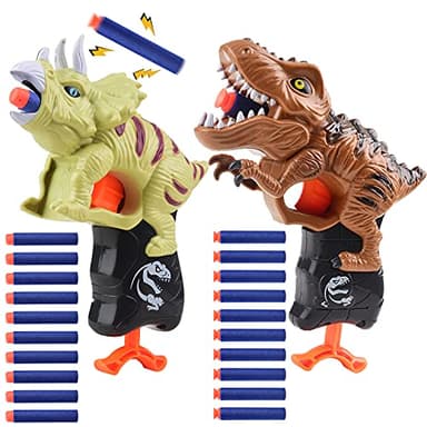 2 Pack Dinosaur Gun Toys for Toddlers Boys 3 4 5 6 7 Year Old Birthday Gifts Valentines Easter Christmas Stocking Stuffers, Small Dino Blaster Shooting Game with Soft Foam Darts Compatible with Nerf