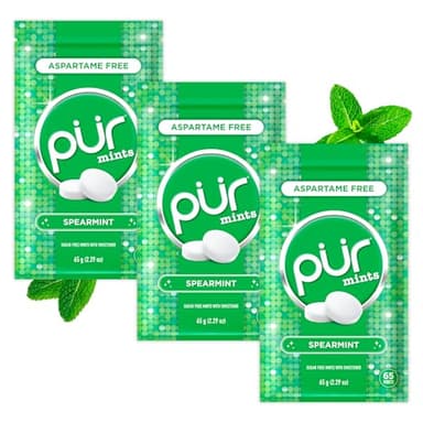 PUR Mints | Aspartame Free Breath Mints | Made with Xylitol | Sugar Free, Vegan, Gluten Free | Natural Spearmint Flavor | 65 Pieces in Re-Sealable pouch (Pack of 3)