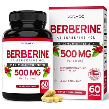 Berberine Supplement 500mg Per Serving (60 Capsules) Berberine HCL for Gut Health Support for Men and Women - Premium Supplements for Adults - Third Party Tested - Vegan Capsules & USA Made