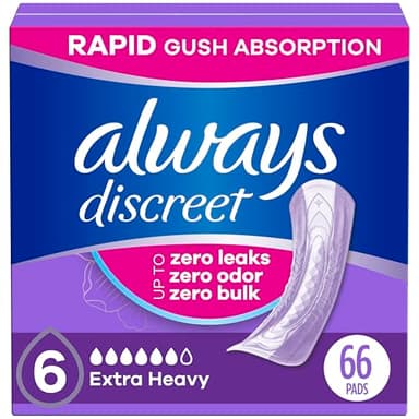 Always Discreet Adult Incontinence Pads for Women, Drier vs Poise, 6 Drop Regular Length, Extra Heavy Absorbency, Pads for Bladder Control Management, Bladder Leaks, & Postpartum Pads, 66ct