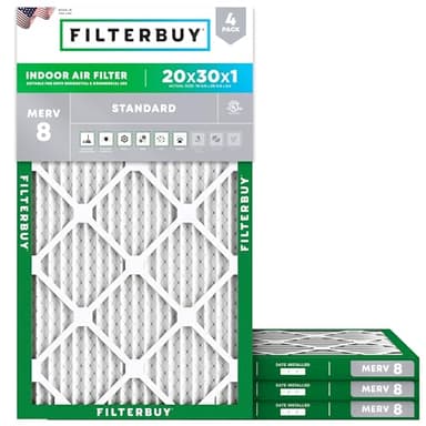 Filterbuy 20x30x1 Air Filter MERV 8 Essential Dust & Allergy Defense (4-Pack), Electrostatic Pleated HVAC AC Furnace Filters Replacement, Made in USA (Actual Size: 19.63 x 29.63 x 0.75)