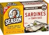 Season Sardines in Tomato Sauce - Wild Caught, 22g of Protein, Keto Snacks, More Omega 3's Than Tuna, Kosher, High in Calcium, Canned Sardines - 4.37 Oz Tins, 12-Pack