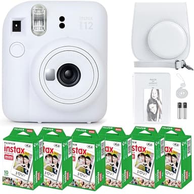 Fujifilm Instax Mini 12 Instant Camera Clay White and Fuji Film Value Pack (60 Sheets) Bundle with Sturdy Tiger Accessories, Carrying Case, Photo Album 64 Pockets
