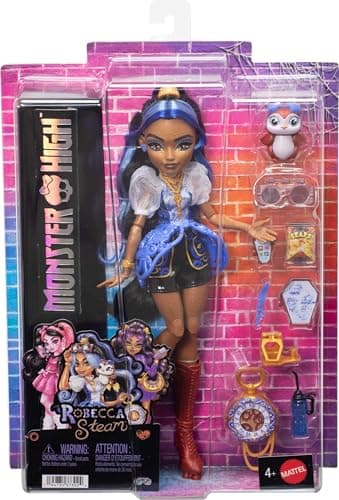Monster High Doll, Robecca Steam in Blue Blouse and Black Shorts with Pet Penguin Captain Penny and 7 Accessories Like Flying Goggles and Purse