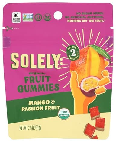SOLELY - Organic Mango & Passion Fruit Whole Fruit Gummies (1 Resealable Bag, 2.5 Servings per Bag) - Real Fresh Fruit - Healthy Snacks - Non GMO, Vegan Snacks, Shelf Stable - 1 Bag (2.5 oz)