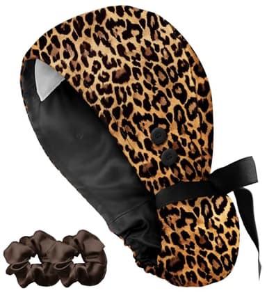 Plifal Adjustable Satin Lined Scrub Cap with Buttons-100% Cotton Leopard Surgical Cap with Sweatband for Women Nurse, Working Hat and 2 Scrunchies for Long Hair