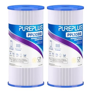 PUREPLUS 5 Micron 10" x 4.5" Whole House Pleated Sediment Filter for Well Water, Replacement Cartridge for GE FXHSC, Culligan R50-BBSA, Pentek R50-BB, DuPont WFHDC3001, W50PEHD, GXWH40L, 2Pack