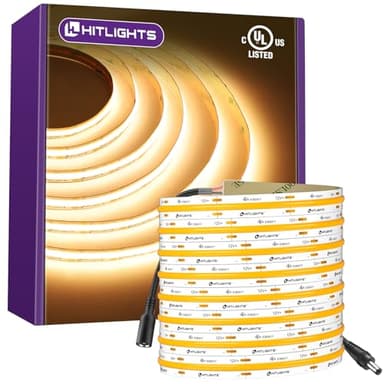 HitLights COB LED Strip Lights Warm White, 12V Tape Light 2700K 16.4ft, 2640 LEDs, 426 lm/ft, CRI 90+, IP30, Premium High Density Lighting for Kitchen, Cabinets, UL Listed (Power Source Not Included)