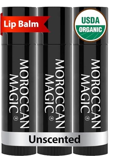 Moroccan Magic Organic Unscented Lip Balm 3 Pack | Ultra-Hydrating Argan Oil Lip Moisturizer + Vitamin E | Natural Chapstick for Dry Lips | Smooth, Non-Toxic | Organic Lip Balm