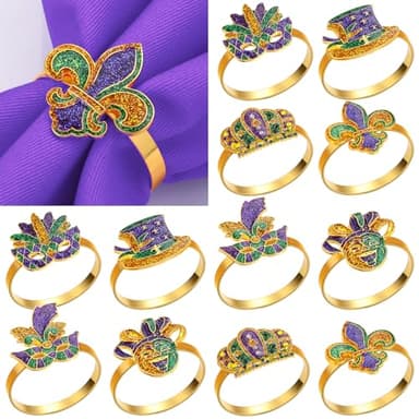 Blushtier 12 Pcs Mardi Gras Napkin Rings Fleur De Lis Napkin Cloth Holder Rings Mardi Gras Napkins Decorations Glitter Purple Gold Mask Crown Jester Hat Masquerade Dinner Party Table Supplies(Elegant)