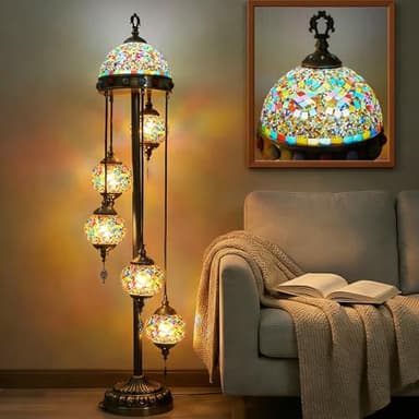 CAutoMart 56" Turkish Floor Lamp with 5 Large Colorful Mosaic Globes, Upgraded Top Shade, Bronze Base, LED Included, Perfect for Cozy Bedrooms & Living Spaces