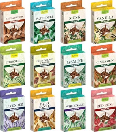 Tulasi Backflow Incense Cones with Natural Oils, Scents Set of 12 Fragrances (120 Cones) Calming Home Aromatherapy, Yoga, Meditation, Relaxing, Mixed Scents with Natural Oils