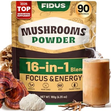 Fidus 16 Mushroom Supplement Powder with 17,300mg, 90 Day Servings Mushroom Coffee Alternative for Immunity, Focus & Energy with Ashwagandha, Lion's Mane, Chaga and Reishi, 100% Fruiting Bodies