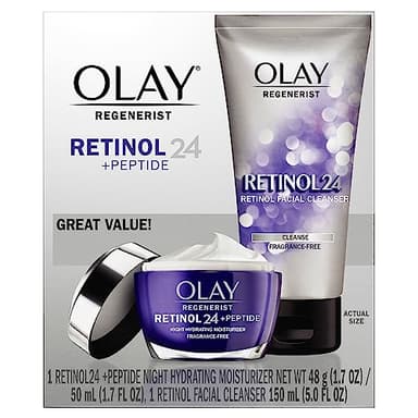 Olay Retinol 24 Duo Pack, Renewing Exfoliating Cleanser, FragranceFree 5.0 FL oz, Night Moisturizer, Fragrance-Free, 1.7 oz, 4ct Retinol Cleansing Melts