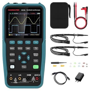 HANMATEK Handheld Digital Oscilloscope 100Mhz Bandwidth with 2 Channels HO102 3.5"TFT Mini Oscilloscope, 2 in 1 Oscilloscope and Multimeter, Backlit Screen, Auto-Calibration Function, Memory Function
