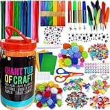 MOISO Kids Crafts and Art Supplies Jar Kit - 550+ Piece Set - Plus Glitter Glue, Construction Paper, Colored Popsicle Sticks, Eyes, Pipe Cleaners