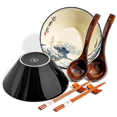 BICETTO Japanese Ramen Bowl Set with Great Wave Design - 60oz Large Ceramic Bowls, Spoons, Chopsticks for Ramen, Pho, Salad, Poke - Premium Gift for Ramen Lovers - Microwave & Dishwasher Safe