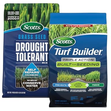 Scotts Turf Builder Grass Seed Drought Tolerant Mix and Triple Action Built for Seeding Bundle, Grass Seed and Weed Preventer with Fertilizer for New Grass