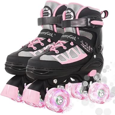 MammyGol Roller Skates for Kids Boys Girls, Adjustable Quad Skates with Light Up Wheels for Toddler Big Kids Ages 6-12 Size 3 4 5 6, Beginners Outdoor Sports, Pink