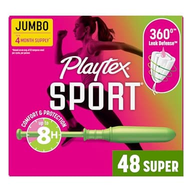 Playtex Sport Tampons Super Absorbency, Fragrance-Free - 48ct | Super Tampons for Women, Feminine Care, Playtex Tampon with 360 Leak Defense