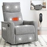Rocker Recliner Chair for Adults, Swivel Rocker Recliner with Massage and Heat, Adjustable Glider Recliner Nursery Chair with Black Metal Base, Small Recliners for Small Spaces, Living Room (Grey)