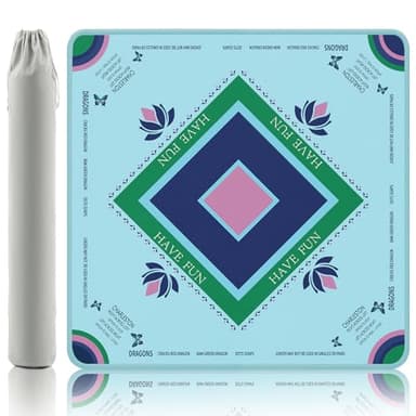 Gedgan Turquoise Mahjong Mat with Lotus & Butterfly Artwork - 32.4x32.4 Inch Hand-Painted Style Rubber Mat, Zen Decor Waterproof Surface, Anti-Slip Foldable Design for Asian-Themed Game Nights