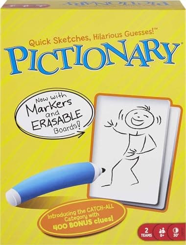 Mattel Games Pictionary Family Board Game for Kids, Adults and Game Night for 2 Teams with Erasable Markers, Boards and Sand Timer