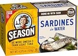 Season Sardines in Water - Wild Caught Fish, 22g of Protein, Keto Snacks, More Omega 3's Than Tuna, High in Calcium, Canned Sardines - 4.37 Oz Tins, 12-Pack