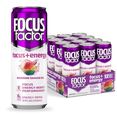 Focus Factor Energy Drink - 12 x 355ml Cans (Rainbow Shaved Ice Flavor) - with Focus + Energy - Lightly Carbonated, Sugar Free, Low Calorie with Vitamin B6 & Vitamin B12
