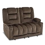 MCombo 55.9" Power Loveseat Recliner with Heat and Vibration, Fabric Electric Loveseat Recliner, USB Charge Port, Cup Holders for Living Room PR648 (Dark Brown)