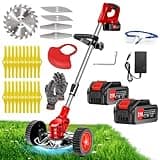 Cordless Weed Wacker, Electric Grass Trimmer 21V 4.0Ah Battery Powered Weed Trimmer, 3 in 1 Stringless Lightweight Brush Cutter/Edger/Mower with 3 Types Blade & Wheels for Garden and Yard Lawn