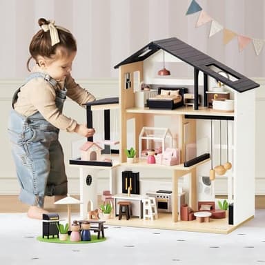 Tiny Land Doll House, Modern Family Dollhouse with Realistic Design, Wooden Dollhouse with 53Pcs Furniture - Ideal Gift for Kids Ages 3+
