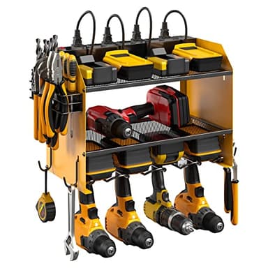 CCCEI Modular Power Tool Organizer Wall Mount with Charging Station. Garage Drill Storage Shelf with Hooks, Heavy Duty Rack, Tool Battery Holder Built in 8 Outlet. Gift for Men. Yellow, 1 Pack.