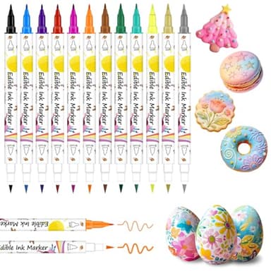 Food Coloring Marker Pens,12Pcs Dual Sided Food Grade and Edible Markers with Fine&Thick Tip,Edible Pen Gourmet Writers for Decorating Cake,Cookies,Fondant,Frosting,Easter Eggs,Painting,Drawing,Baking