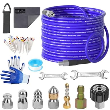 NIFUAL 100FT Sewer Jetter Kit for Pressure Washer, 5800PSI Drain Cleaner Hose 1/4 Inch NPT Corner, Rotating and Button Hose Sewer Jetting Nozzle Waterproof Tape Pearl Corsage Pin Spanner Glove