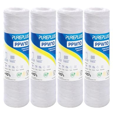 PUREPLUS 5 Micron 10"x2.5" Whole House String Wound Sediment Filter for Well Water, Replacement Cartridge for Universal 10 inch RO System, WP-5, Aqua-Pure AP110, CFS110, Culligan P5, WFPFC4002, 4Pack