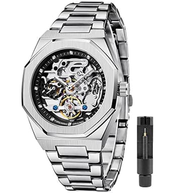 Fashion Silver Mens Watches Top Brand Luxury Automatic Mechanical Stainless Steel Fashion Business Skeleton Wristwatch